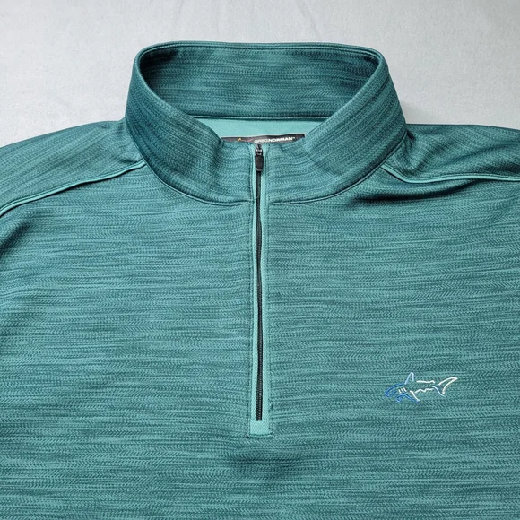 Greg Norman 1/4 Zip Pullover Shirt Men Size XL Green Striped Golf Shark Logo - Picture 2 of 9